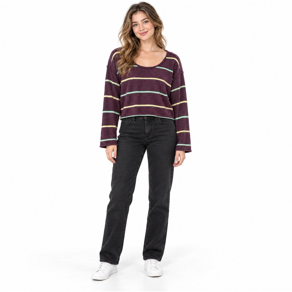 Free People Striped Scoop Neck Sweater Purple Green Yellow Boho Crop Top SMALL